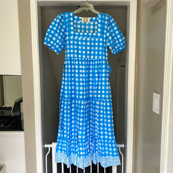 SOLD SZ Blockprints Tuckernuck Divya Cotton Midi Puff Sleeve Dress Gingham Blue - Picture 14 of 14
